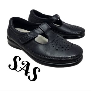 Sas Women's Sz 7.5 WW Black Leather Willow Flats Adj. Mary Jane T-straps Casual